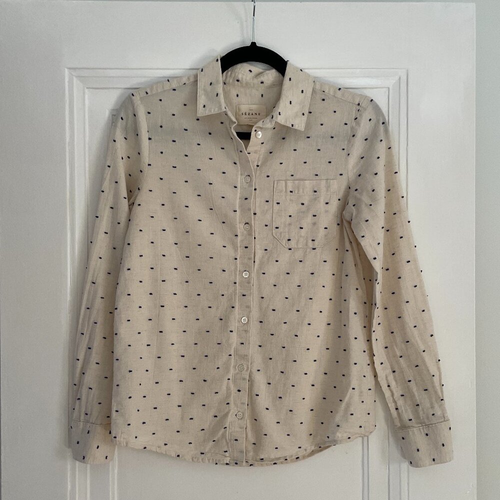 Sézane Tomboy Shirt Ecru Blue Dot French Size 32 US Size 0